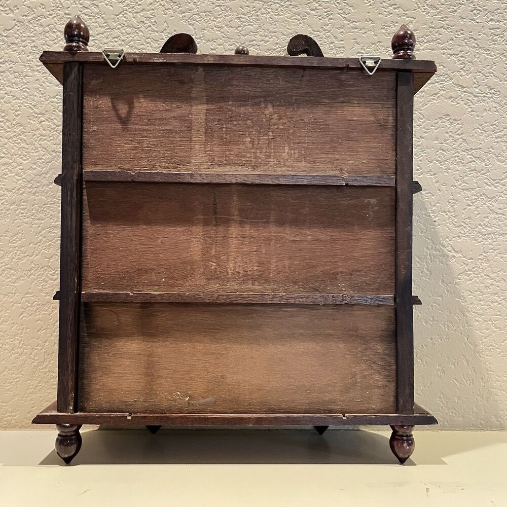 Vintage Small Cabinet Wood 2 Shelves Glass Door Footed Wall Hanging 17" - Picture 10 of 13